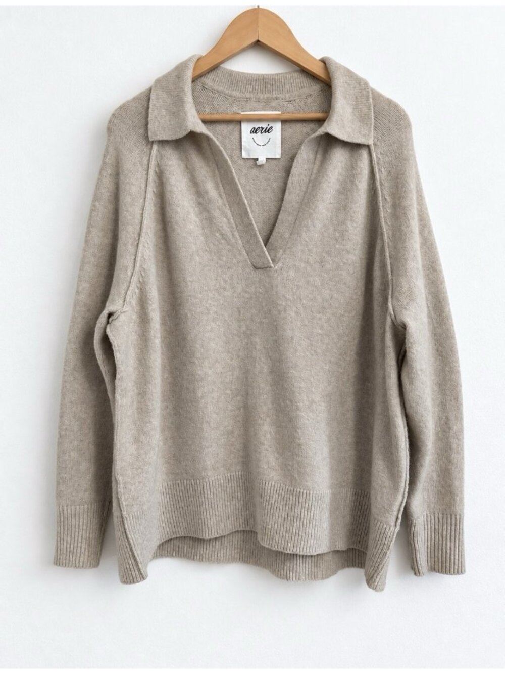 Aerie Unreal Polo Sweater Oversized Collared V-Neck Taupe Beige Women’s S